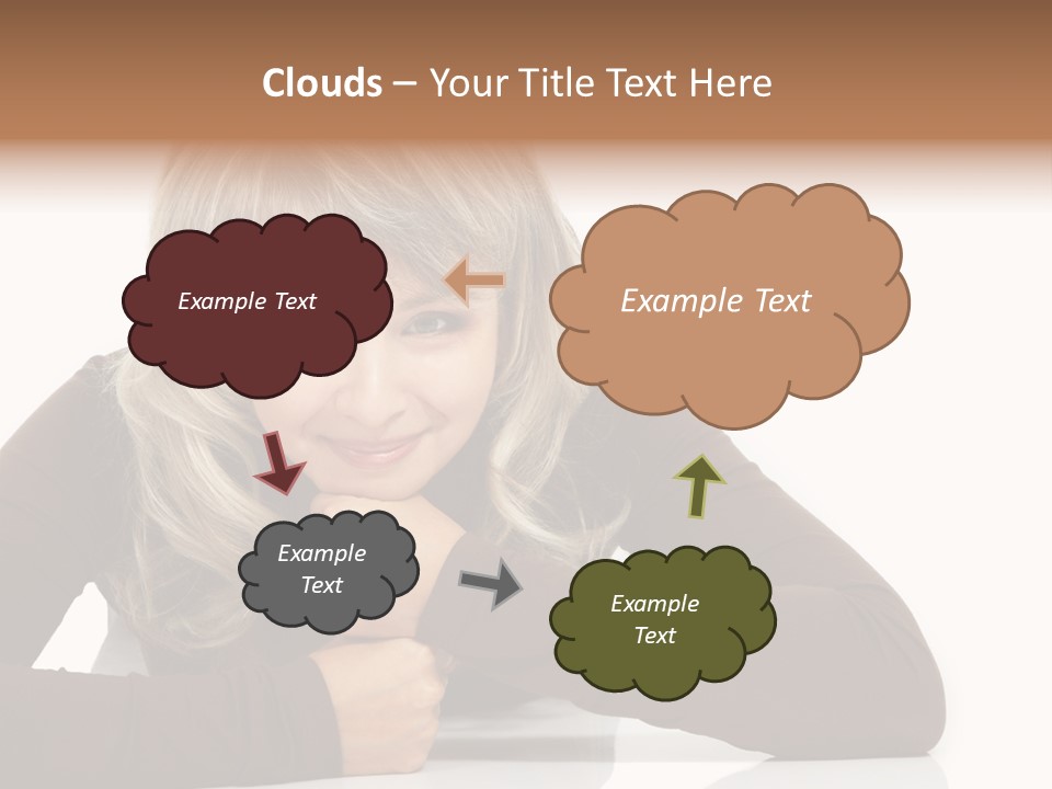 A Woman Sitting At A Table With Her Hand On Her Chin PowerPoint Template