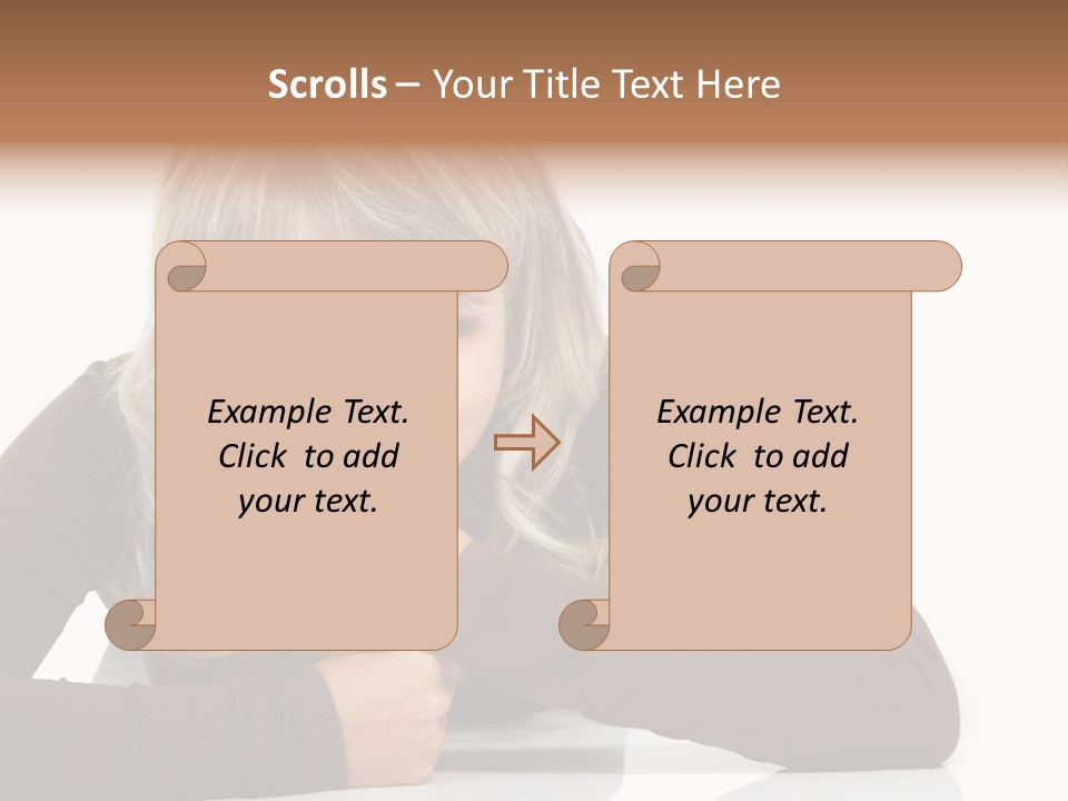 A Woman Sitting At A Table With Her Hand On Her Chin PowerPoint Template