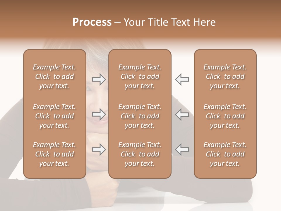 A Woman Sitting At A Table With Her Hand On Her Chin PowerPoint Template