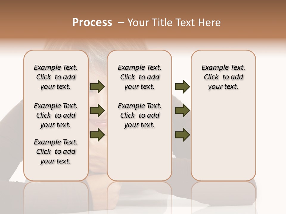 A Woman Sitting At A Table With Her Hand On Her Chin PowerPoint Template