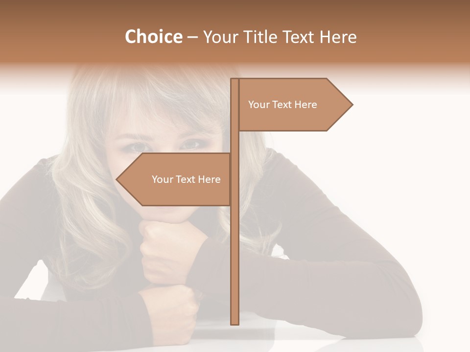 A Woman Sitting At A Table With Her Hand On Her Chin PowerPoint Template