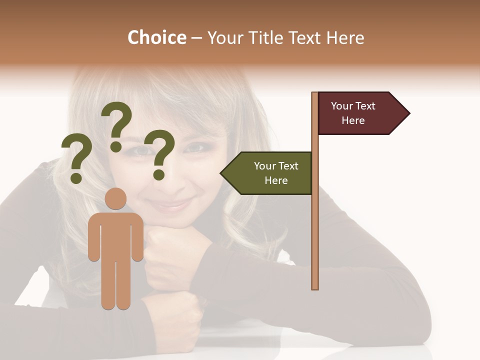 A Woman Sitting At A Table With Her Hand On Her Chin PowerPoint Template