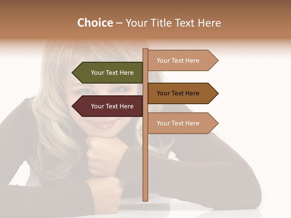 A Woman Sitting At A Table With Her Hand On Her Chin PowerPoint Template