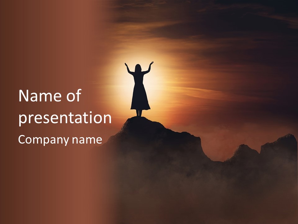A Person Standing On Top Of A Mountain With Their Arms In The Air PowerPoint Template