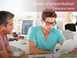 A Couple Of Men Sitting At A Table With Papers PowerPoint Template