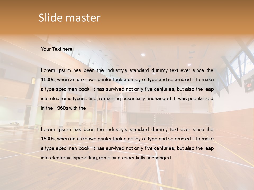 A Large Gymnasium With A Basketball Court And Wooden Floors PowerPoint Template