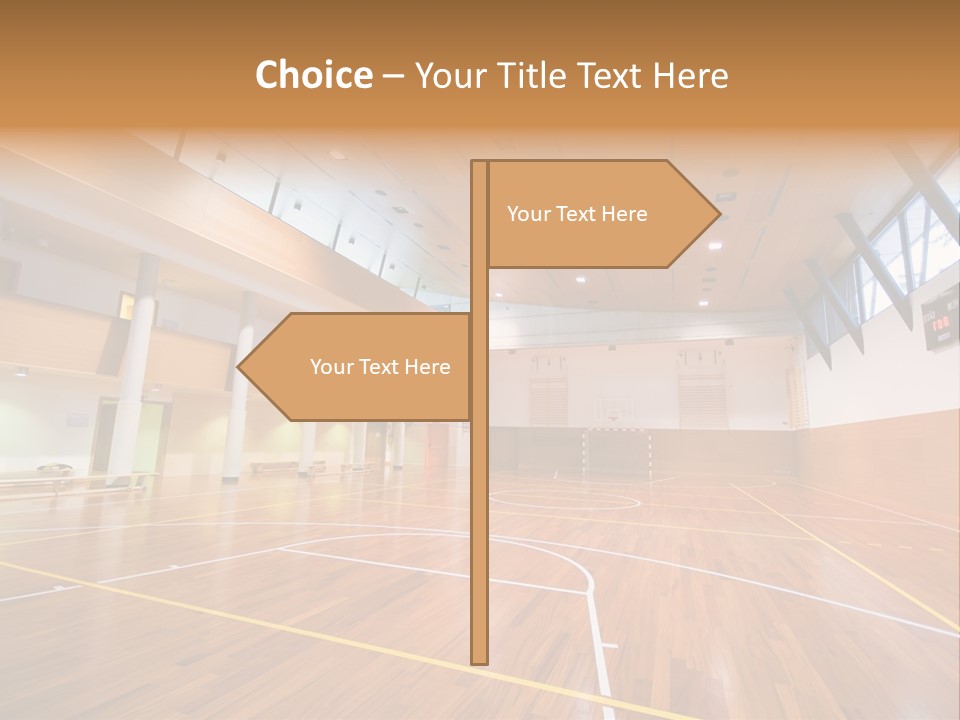 A Large Gymnasium With A Basketball Court And Wooden Floors PowerPoint Template