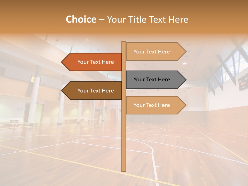 A Large Gymnasium With A Basketball Court And Wooden Floors PowerPoint Template