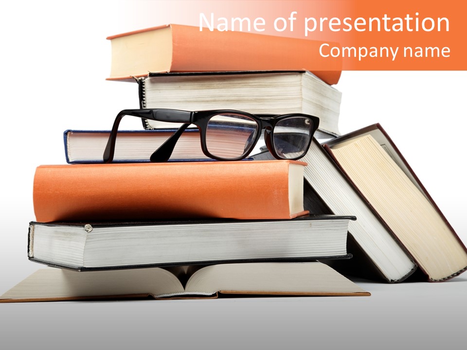 A Stack Of Books With Glasses On Top Of It PowerPoint Template