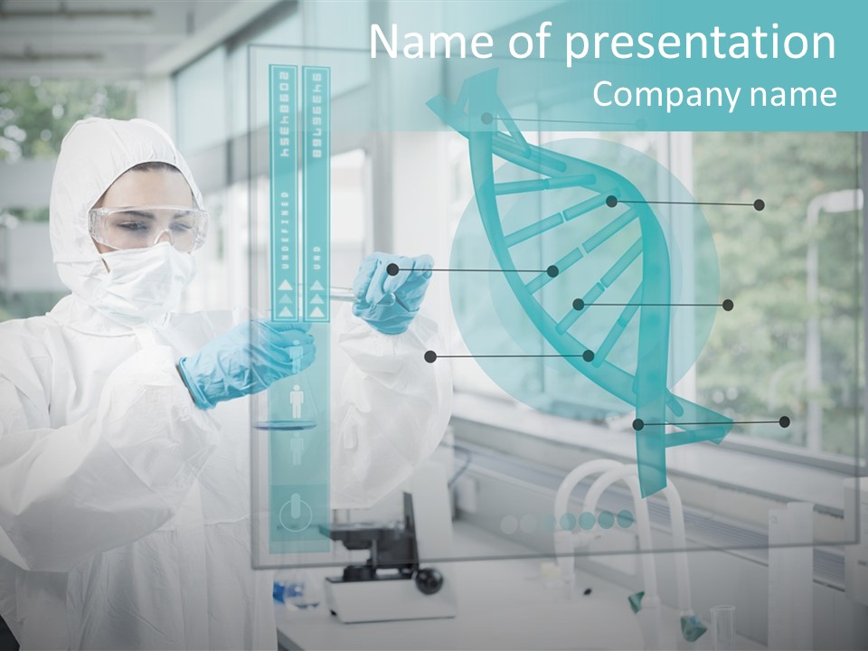 A Woman In A White Lab Coat And White Gloves Is Holding A Glass Tube With PowerPoint Template