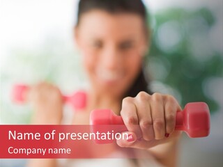 A Woman Is Holding Two Pink Dumbs PowerPoint Template