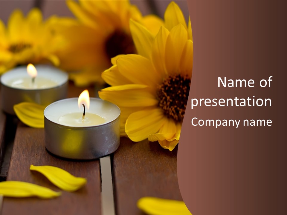 Three Candles With Yellow Flowers On A Wooden Table PowerPoint Template