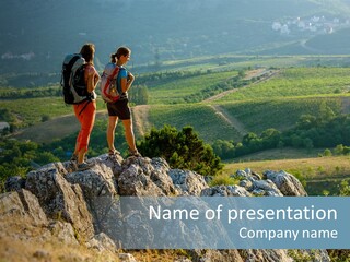 Blue Hiking Stand PowerPoint Template