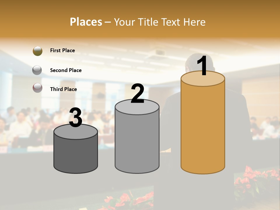 A Man Standing At A Podium In Front Of A Crowd Of People PowerPoint Template