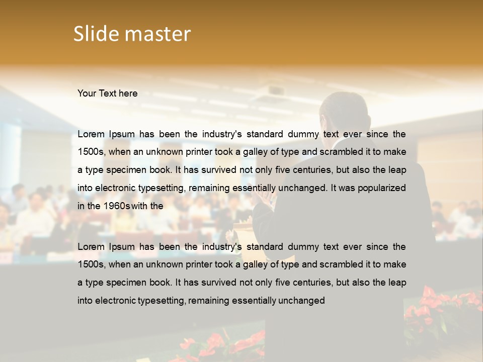 A Man Standing At A Podium In Front Of A Crowd Of People PowerPoint Template