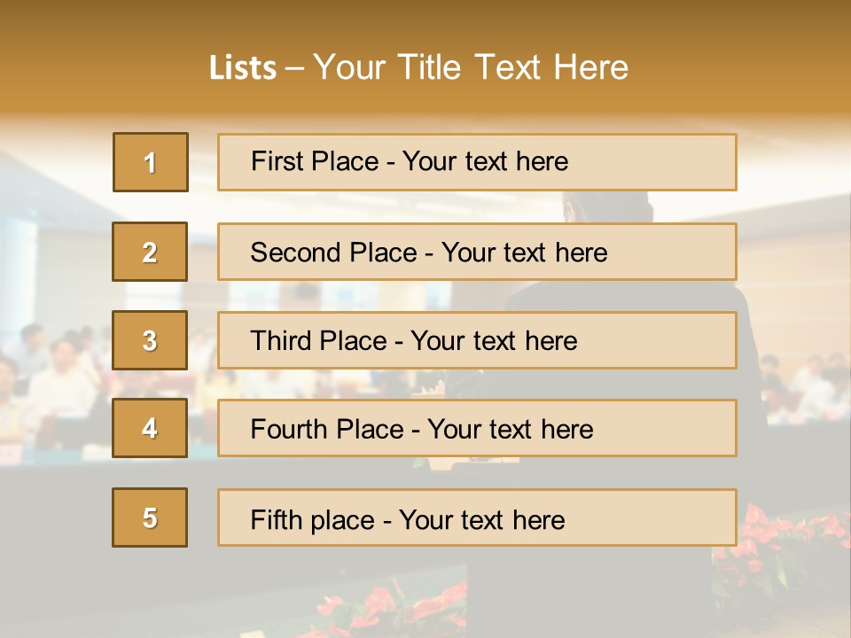 A Man Standing At A Podium In Front Of A Crowd Of People PowerPoint Template