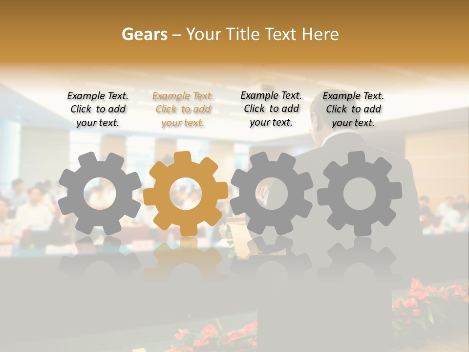 A Man Standing At A Podium In Front Of A Crowd Of People PowerPoint Template