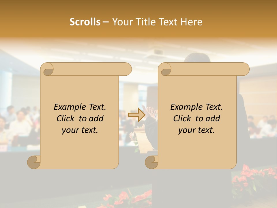 A Man Standing At A Podium In Front Of A Crowd Of People PowerPoint Template