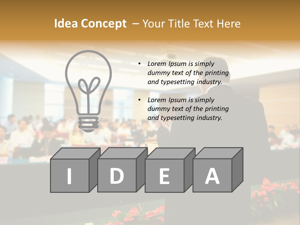 A Man Standing At A Podium In Front Of A Crowd Of People PowerPoint Template