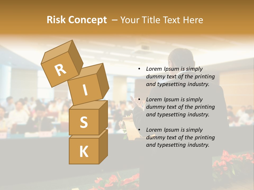 A Man Standing At A Podium In Front Of A Crowd Of People PowerPoint Template