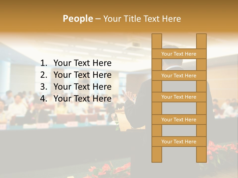 A Man Standing At A Podium In Front Of A Crowd Of People PowerPoint Template