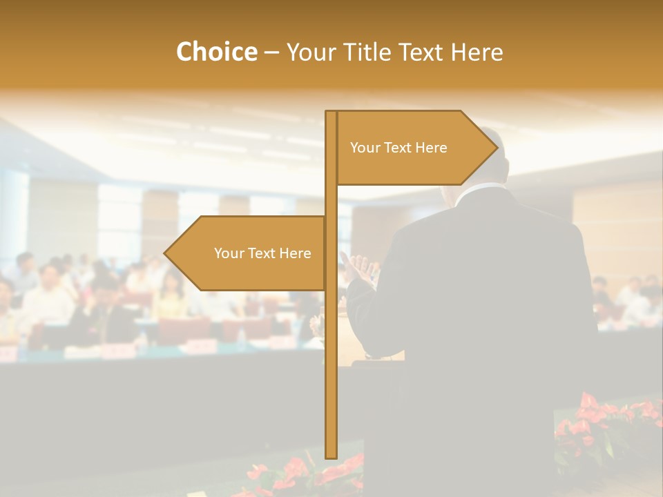A Man Standing At A Podium In Front Of A Crowd Of People PowerPoint Template