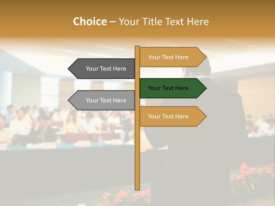 A Man Standing At A Podium In Front Of A Crowd Of People PowerPoint Template