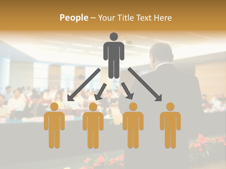 A Man Standing At A Podium In Front Of A Crowd Of People PowerPoint Template