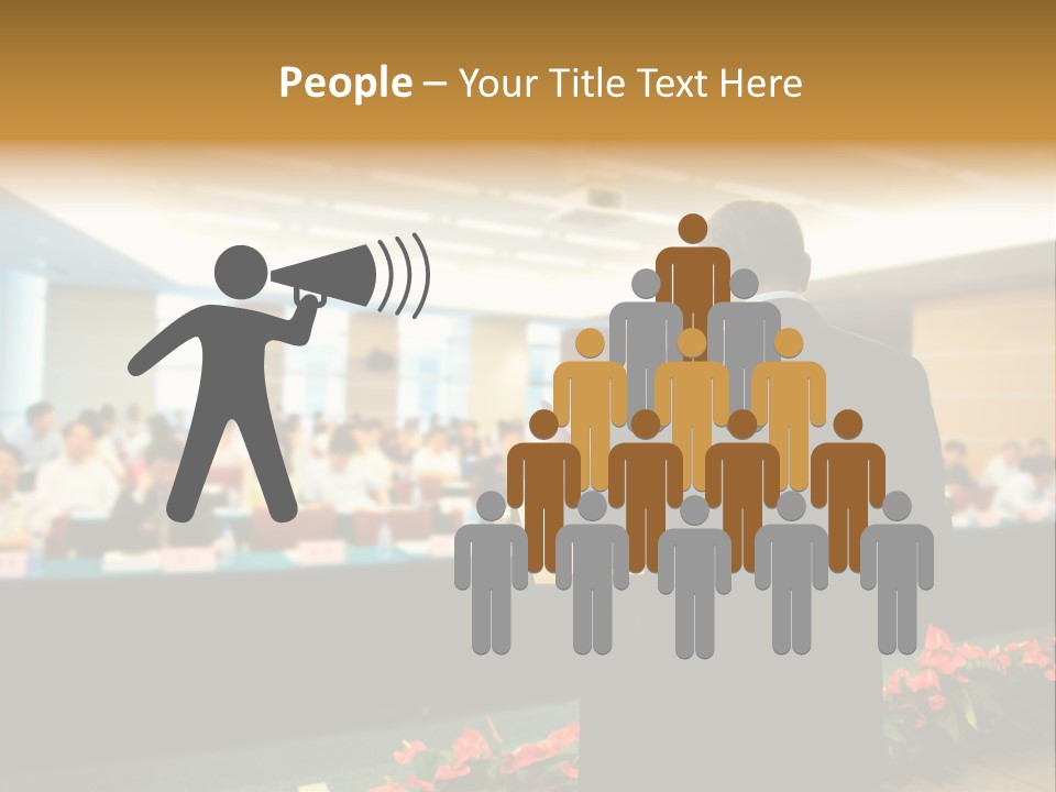 A Man Standing At A Podium In Front Of A Crowd Of People PowerPoint Template