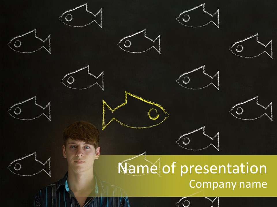 A Man Standing In Front Of A Blackboard With Fish Drawn On It PowerPoint Template