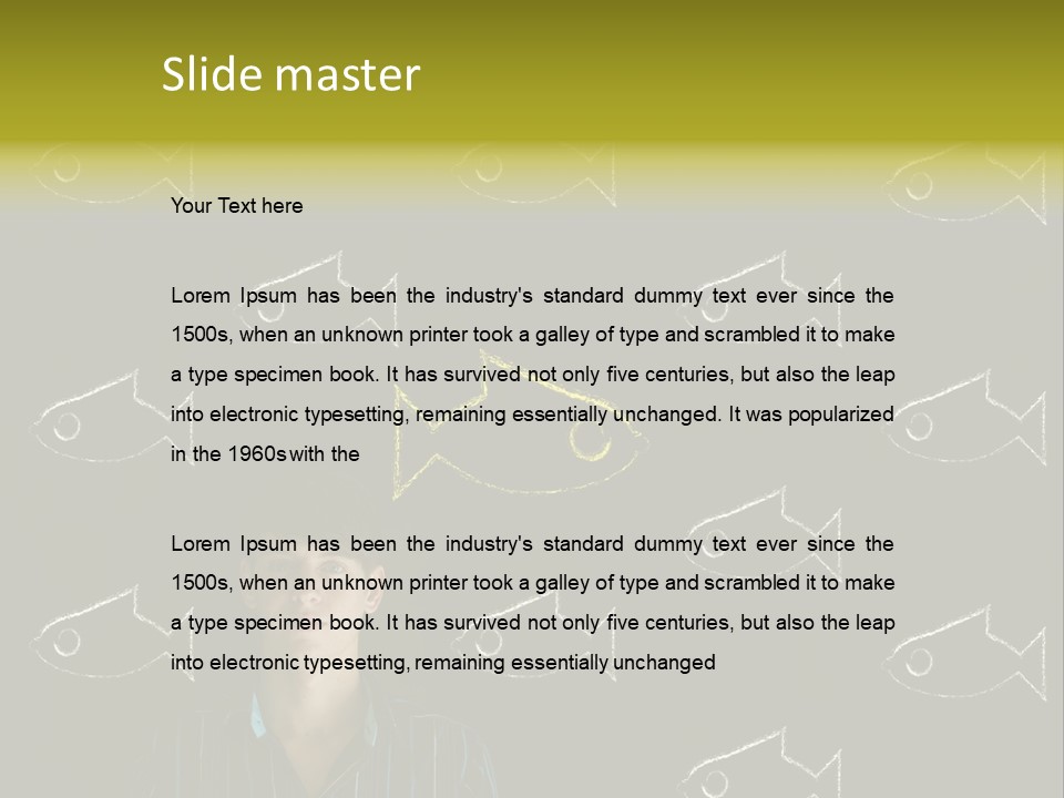 A Man Standing In Front Of A Blackboard With Fish Drawn On It PowerPoint Template