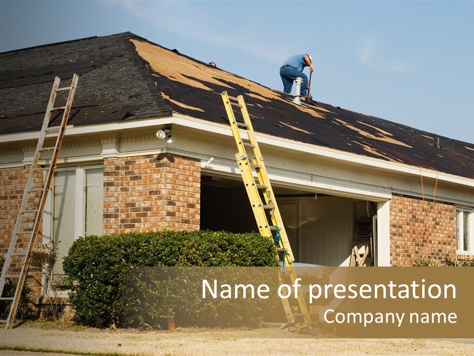 A Man Standing On Top Of A Roof Next To A Ladder PowerPoint Template