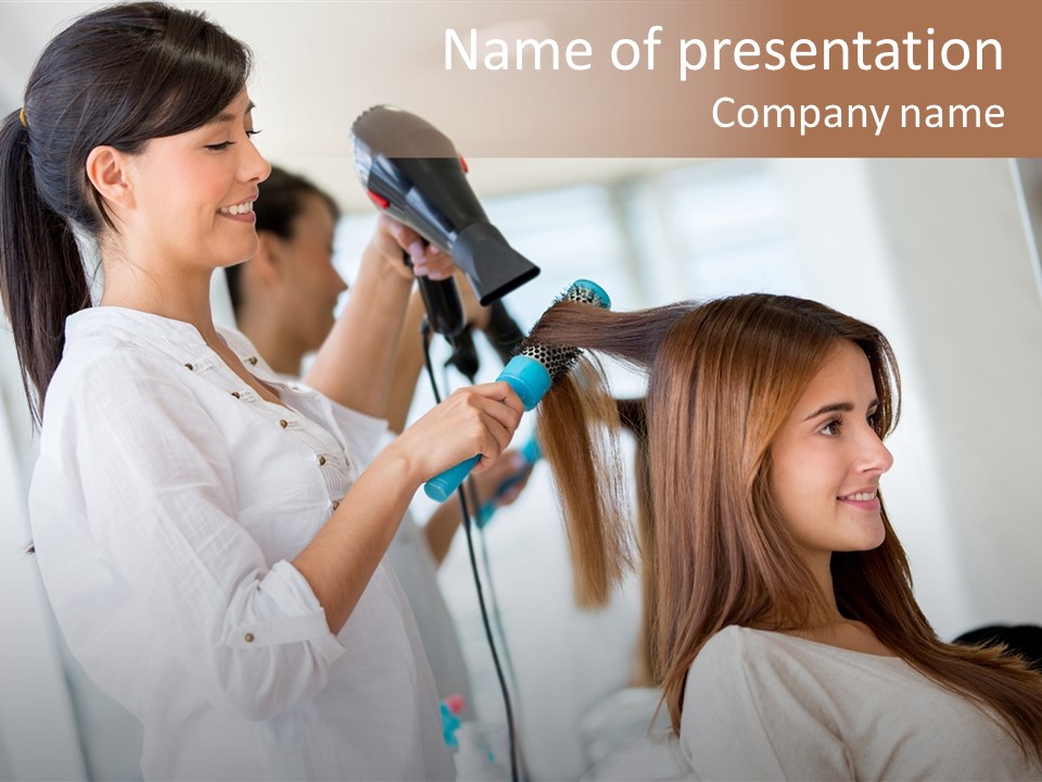 A Woman Blow Drying Her Hair With A Blow Dryer PowerPoint Template