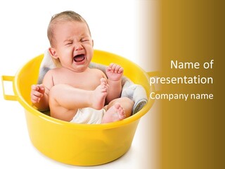 A Baby Crying In A Yellow Tub With A White Background PowerPoint Template