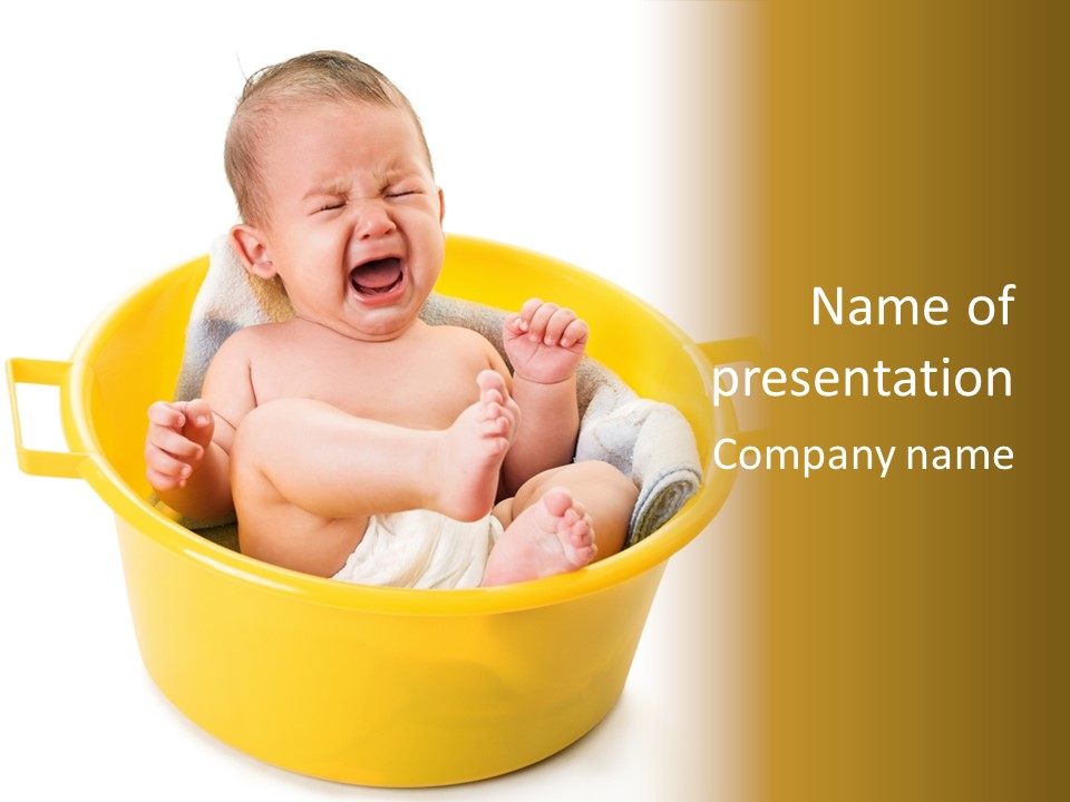 A Baby Crying In A Yellow Tub With A White Background PowerPoint Template