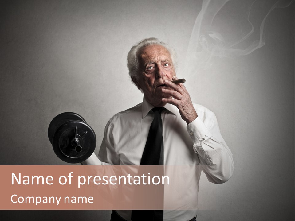 An Old Man Smoking A Cigarette And Holding A Dumbble Weight PowerPoint Template