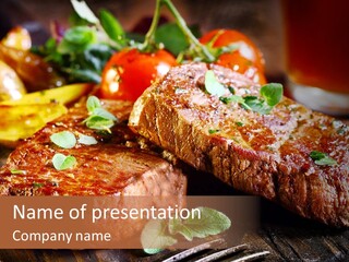 A Plate Of Steak And Vegetables On A Wooden Table PowerPoint Template