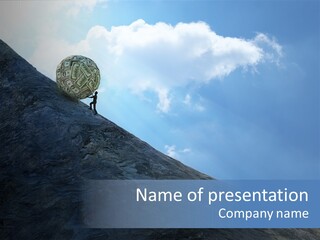 A Person Pushing A Ball Up The Side Of A Mountain PowerPoint Template