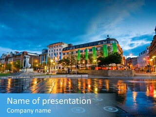 A City Square With A Fountain In The Middle Of It PowerPoint Template