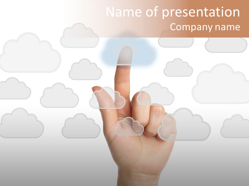 A Hand Pressing A Button On A Cloud Background PowerPoint Template
