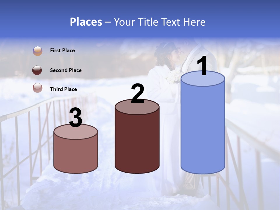 A Bride And Groom Standing On A Bridge In The Snow PowerPoint Template