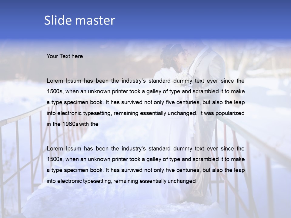 A Bride And Groom Standing On A Bridge In The Snow PowerPoint Template