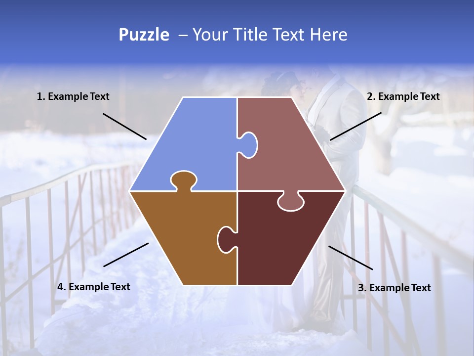 A Bride And Groom Standing On A Bridge In The Snow PowerPoint Template