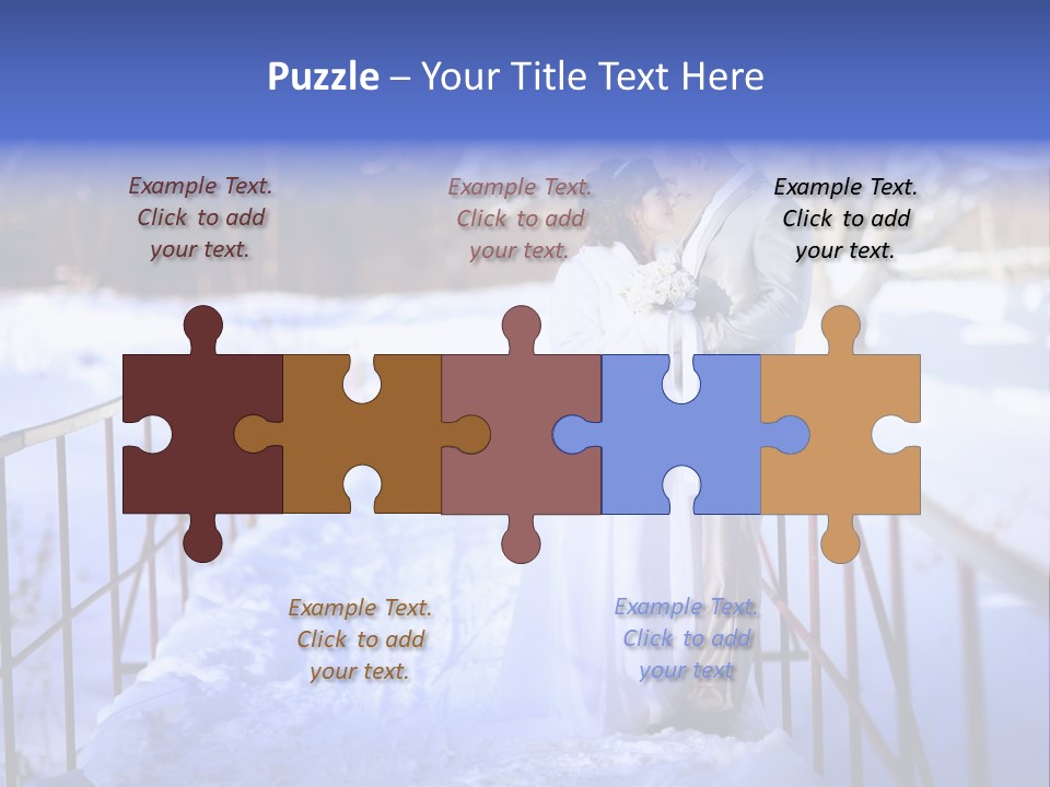 A Bride And Groom Standing On A Bridge In The Snow PowerPoint Template