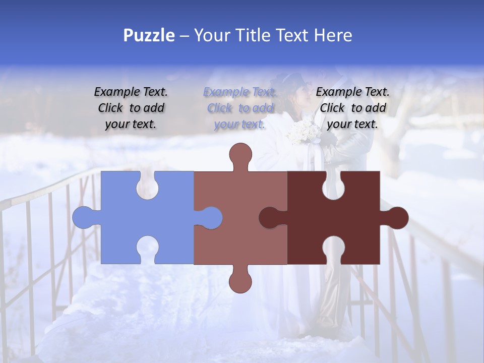 A Bride And Groom Standing On A Bridge In The Snow PowerPoint Template