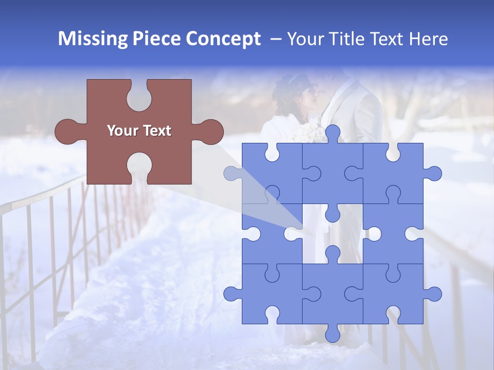 A Bride And Groom Standing On A Bridge In The Snow PowerPoint Template