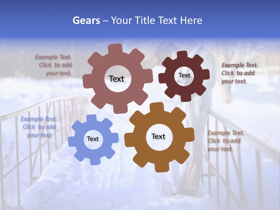 A Bride And Groom Standing On A Bridge In The Snow PowerPoint Template