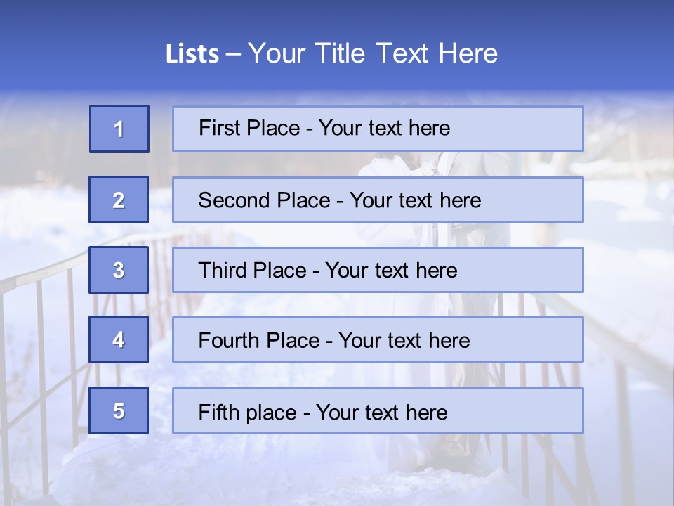 A Bride And Groom Standing On A Bridge In The Snow PowerPoint Template