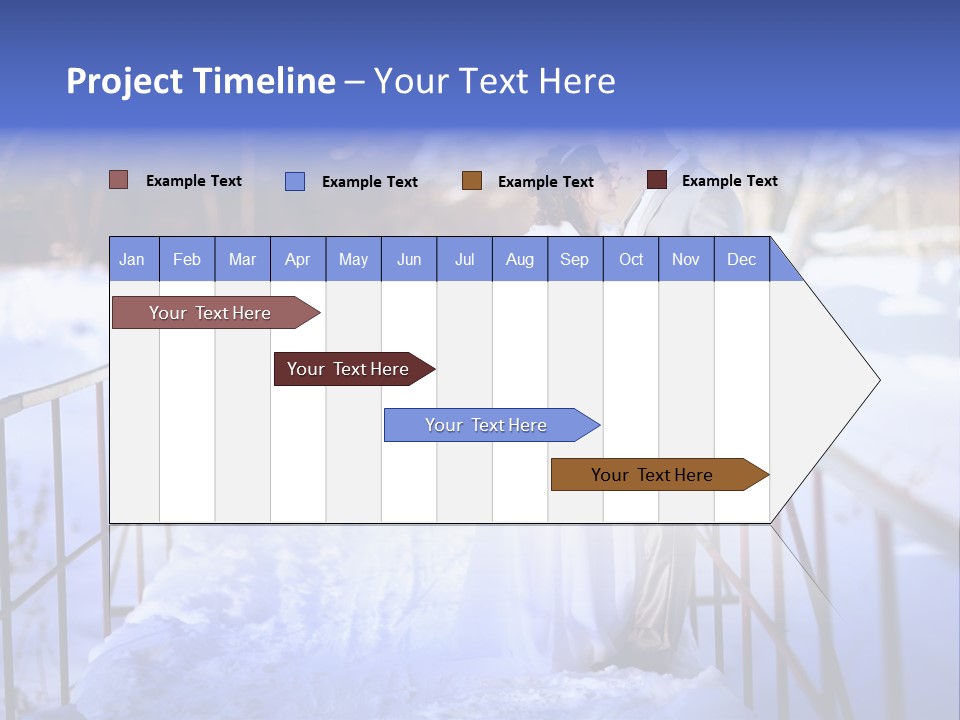 A Bride And Groom Standing On A Bridge In The Snow PowerPoint Template