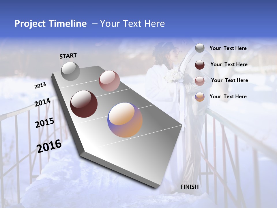 A Bride And Groom Standing On A Bridge In The Snow PowerPoint Template